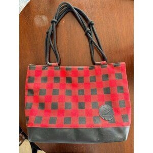 Buffalo Plaid Tote Bag With Black Leather Bottom & Rope Handles Farmhouse Style